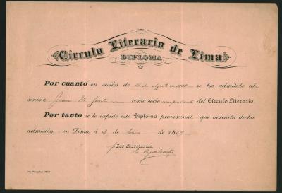 Diploma del Círculo Literario de Lima otorgado a Juana Manuela Gorriti en 1889