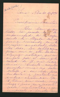 Carta de Mercedes Cabello a Juana Manuela Gorriti, 1890