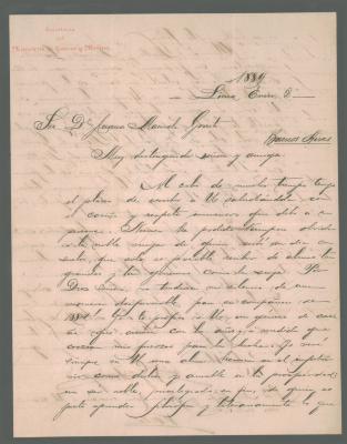 Carta de Carlos Amézaga a Juana Manuela Gorriti fechada en Lima el 2 de enero de 1889